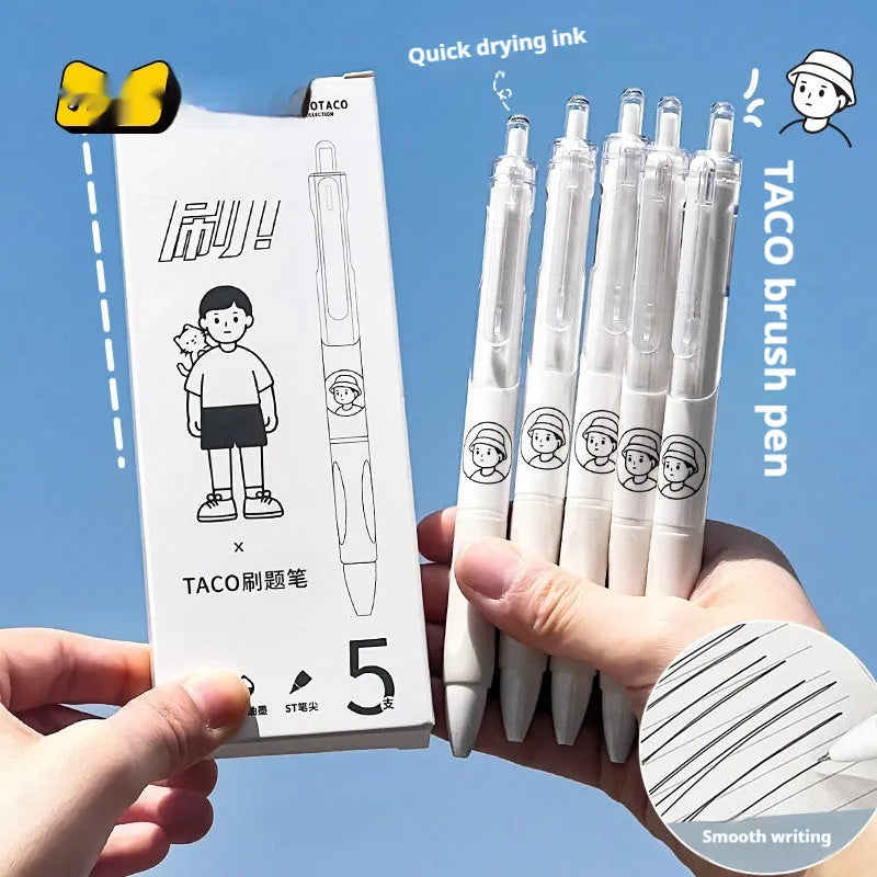 Five white ballpoint pens with black ink and 0.5mm tips arranged together.