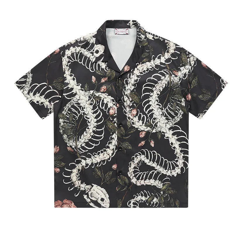 Short sleeve Cuban collar shirt with snake bone flower pattern printed on acetate fabric