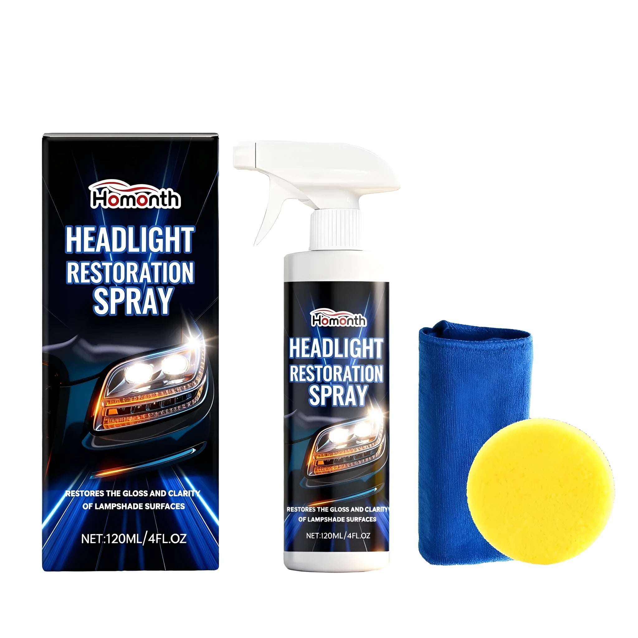 HOMONTH 120ml headlight restoration spray kit with PTFE formula, sponge and microfiber towel