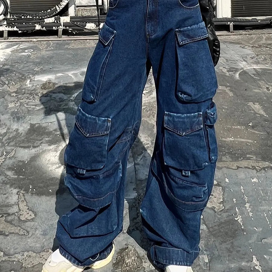 Dark blue distressed wide-leg jeans with multiple pockets and high waist design