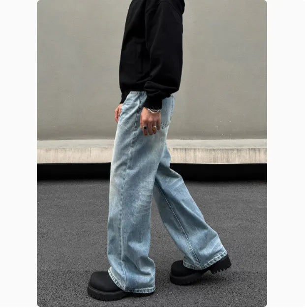 Men's blue retro whisker washed straight leg jeans with medium-high waist and flared leg