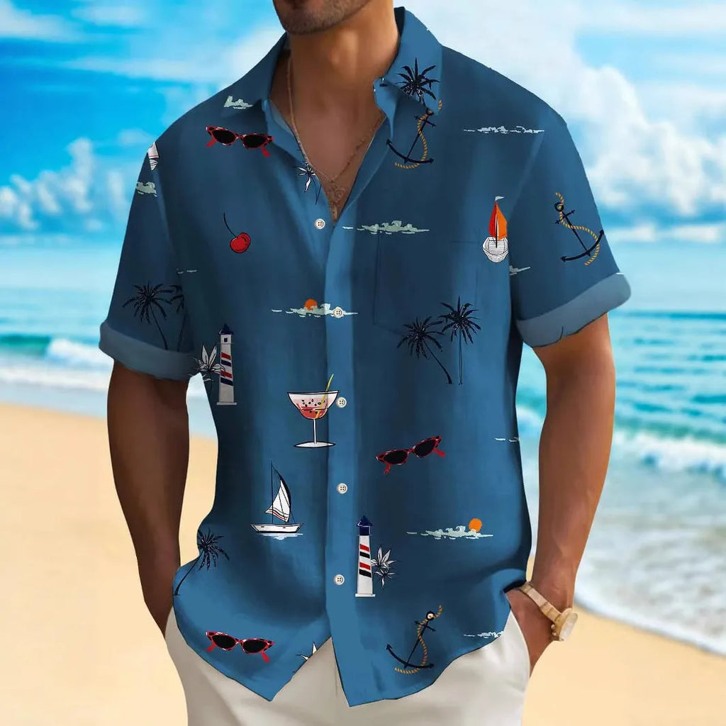 Men's loose fit Hawaiian shirt with digital printing pattern on polyester fabric