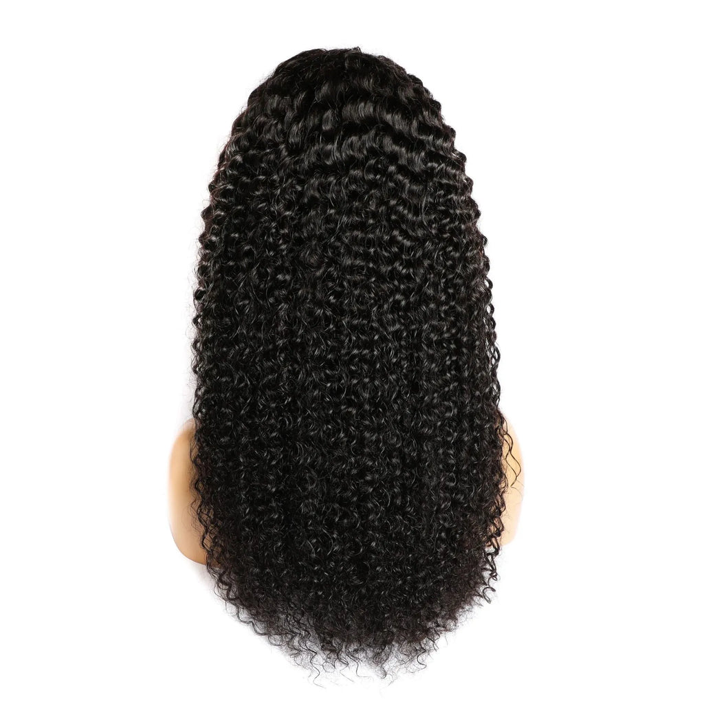 Curly human hair wig with lace frontal shown in various lengths from short to long.