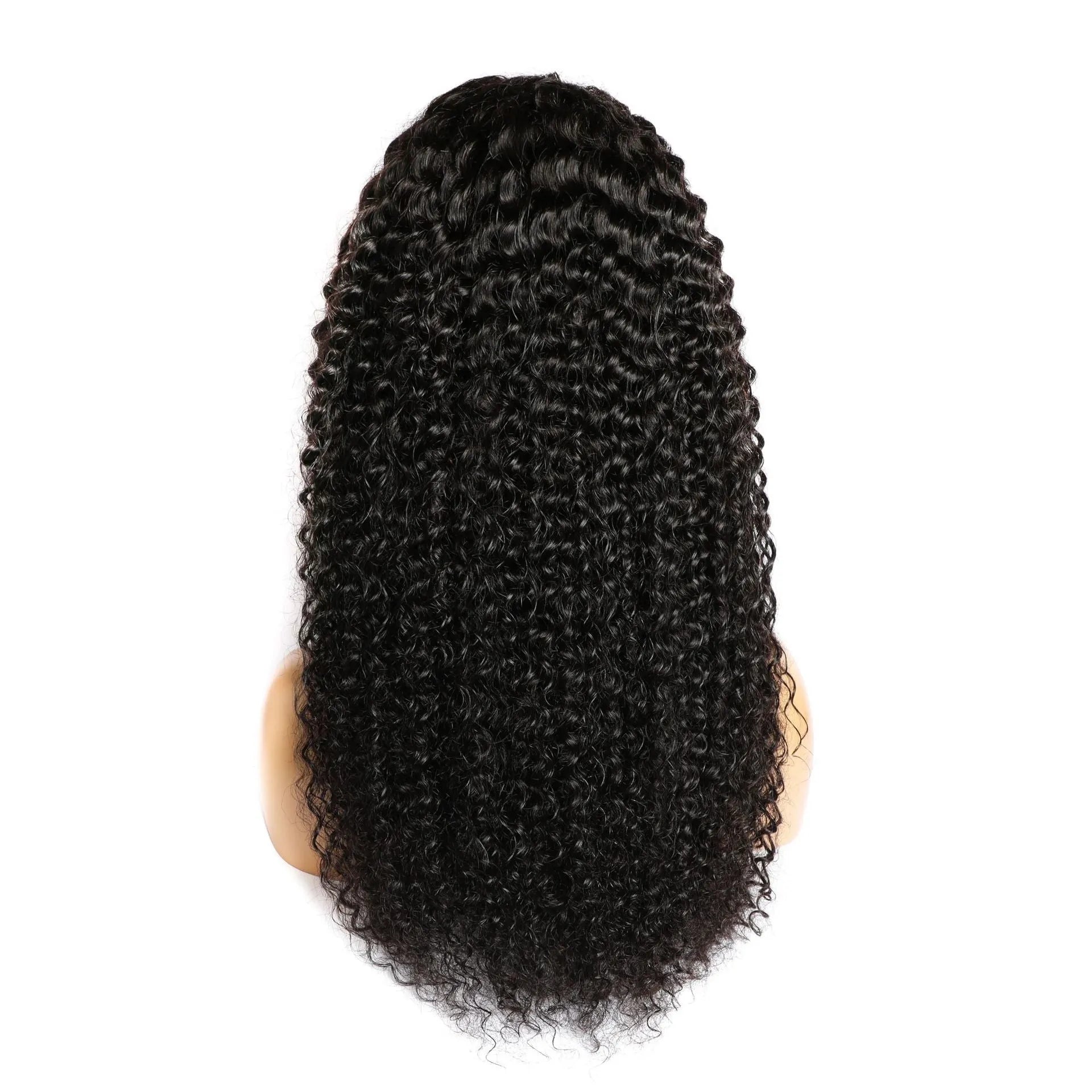 Curly human hair wig with lace frontal shown in various lengths from short to long.