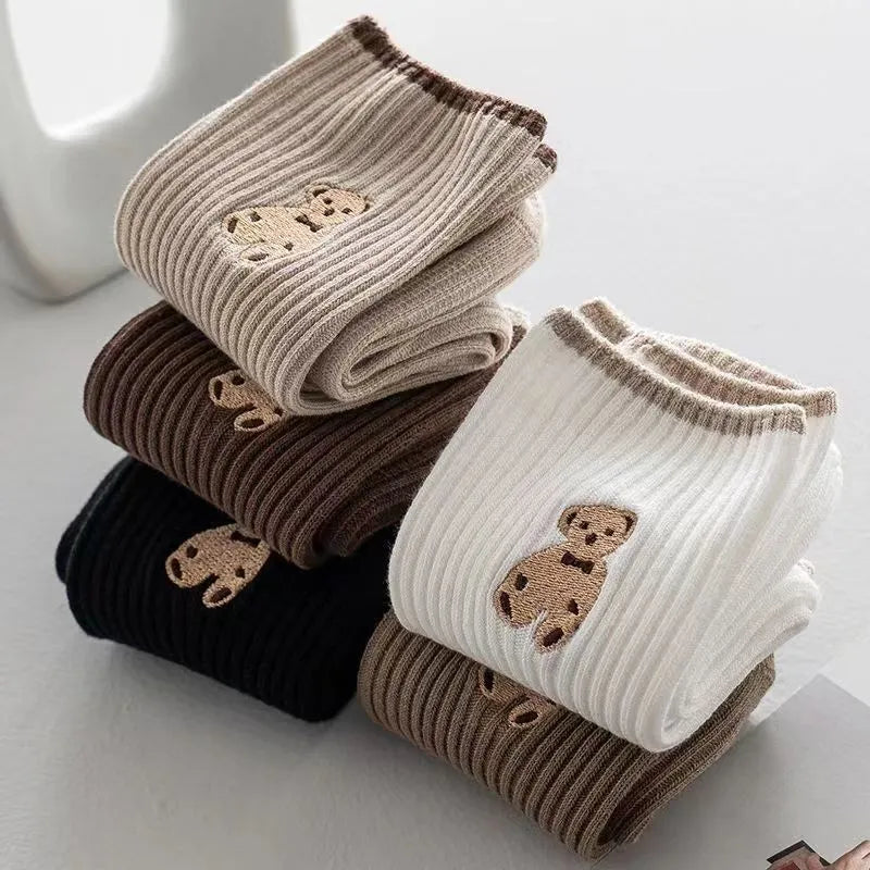 Mid-calf retro Japanese school style bear pattern stack socks for women