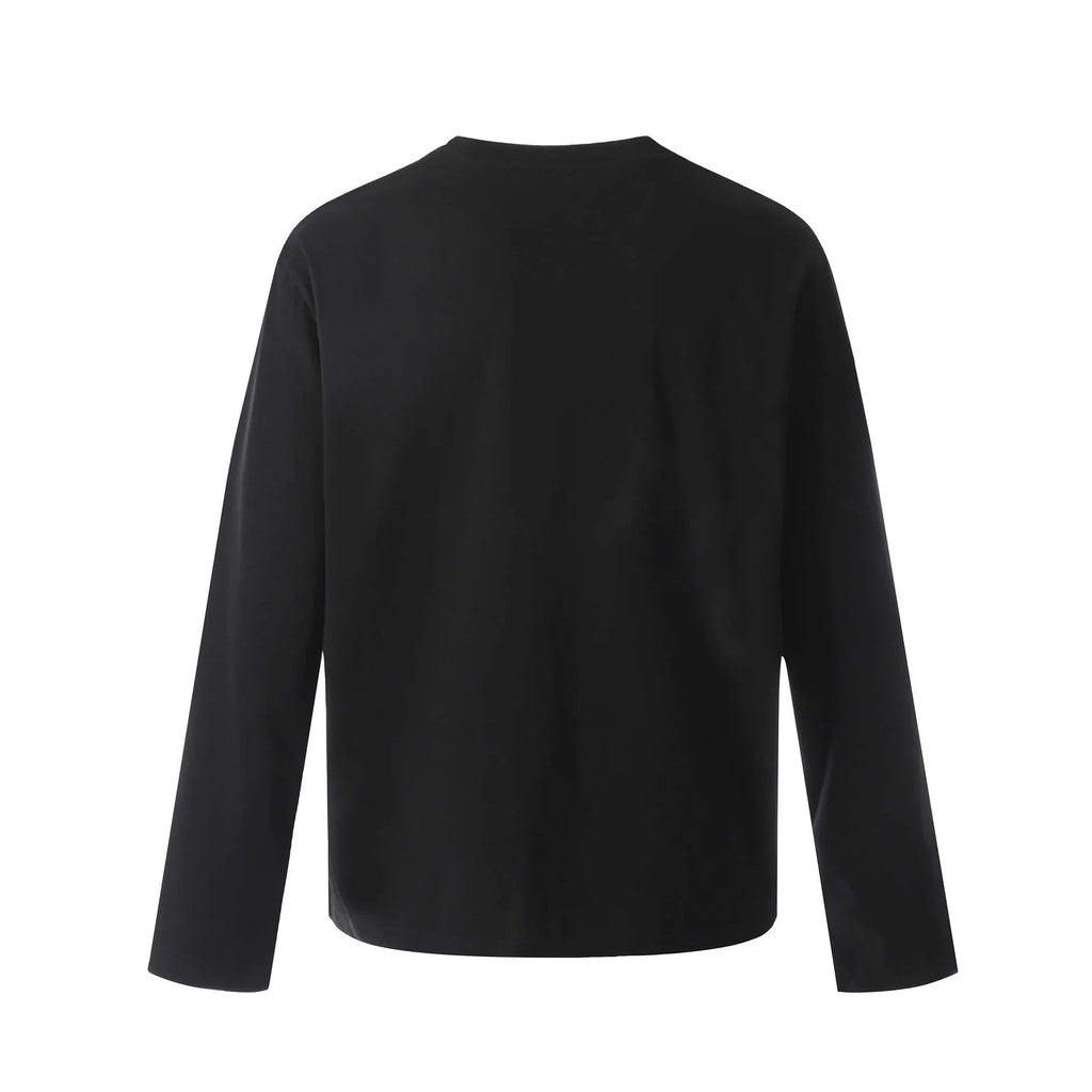 Men's black cotton loose fit long sleeve pullover showing simple retro design