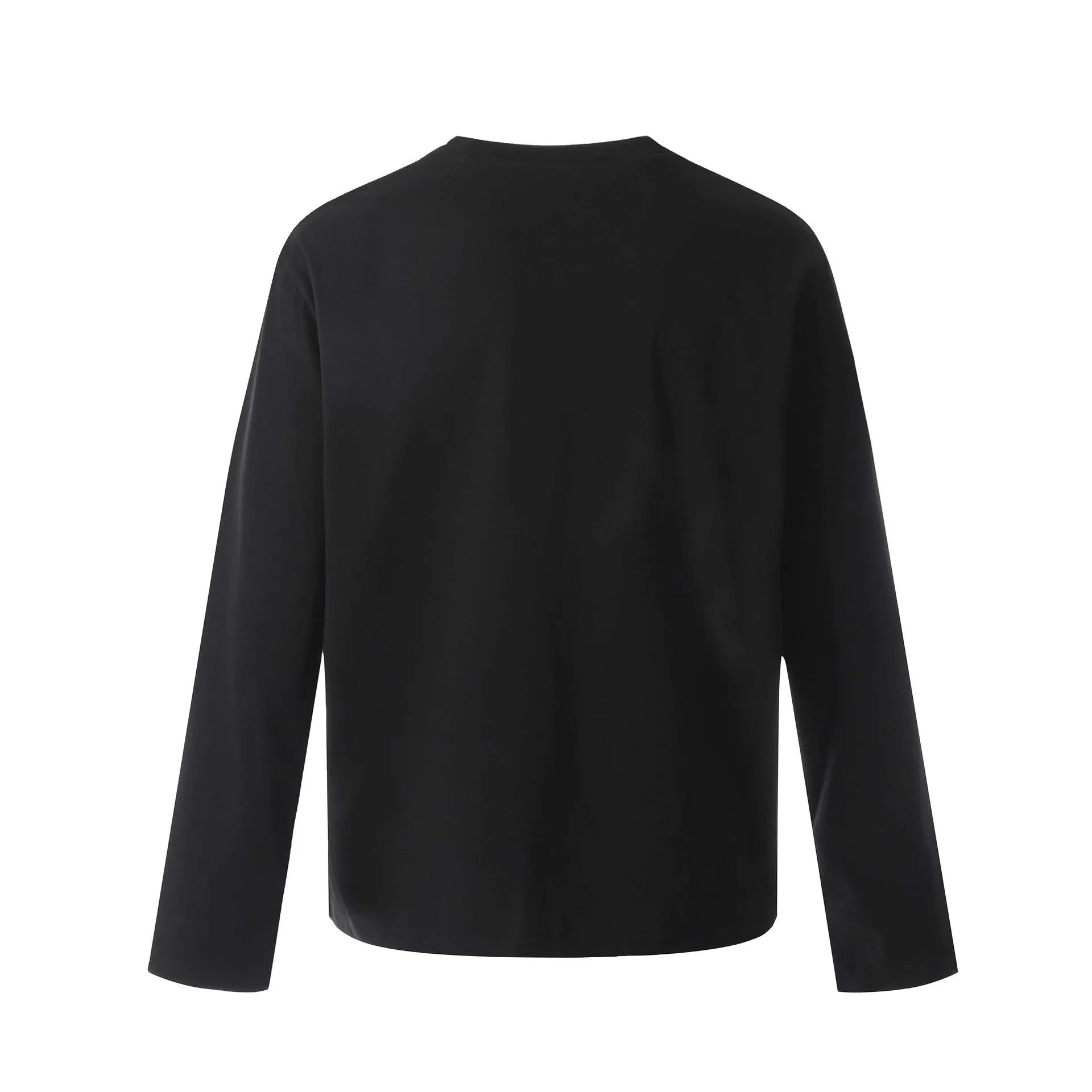 Men's black cotton loose fit long sleeve pullover showing simple retro design