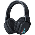 Luminous black wireless gaming headphones with head-mounted design on a dark background