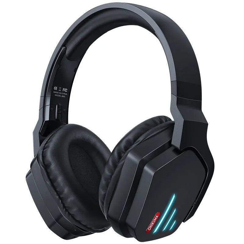 Luminous black wireless gaming headphones with head-mounted design on a dark background