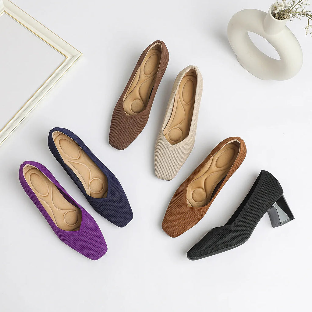 Women's thick head stiletto knitted shoes block heel square toe breathable commuting