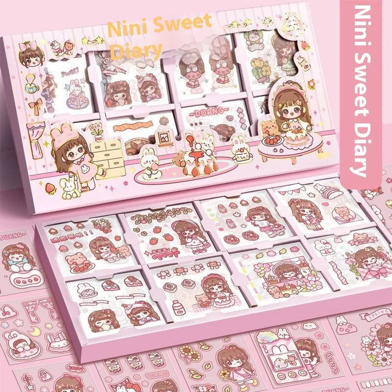Box of children's decorative stickers with five cute theme designs for notebooks and crafts