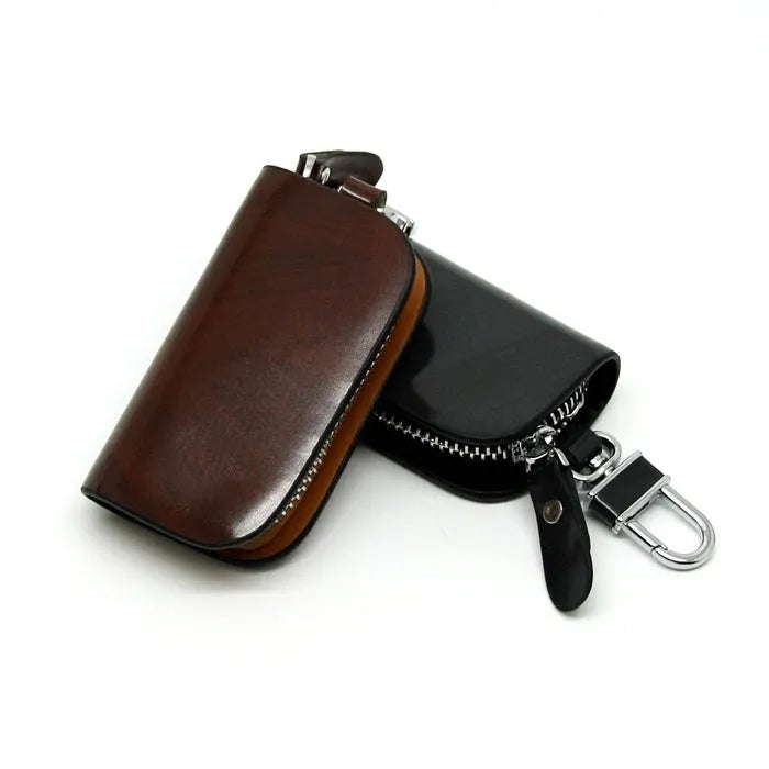 Black and brown genuine leather car key case with frosted finish showing internal dimensions.