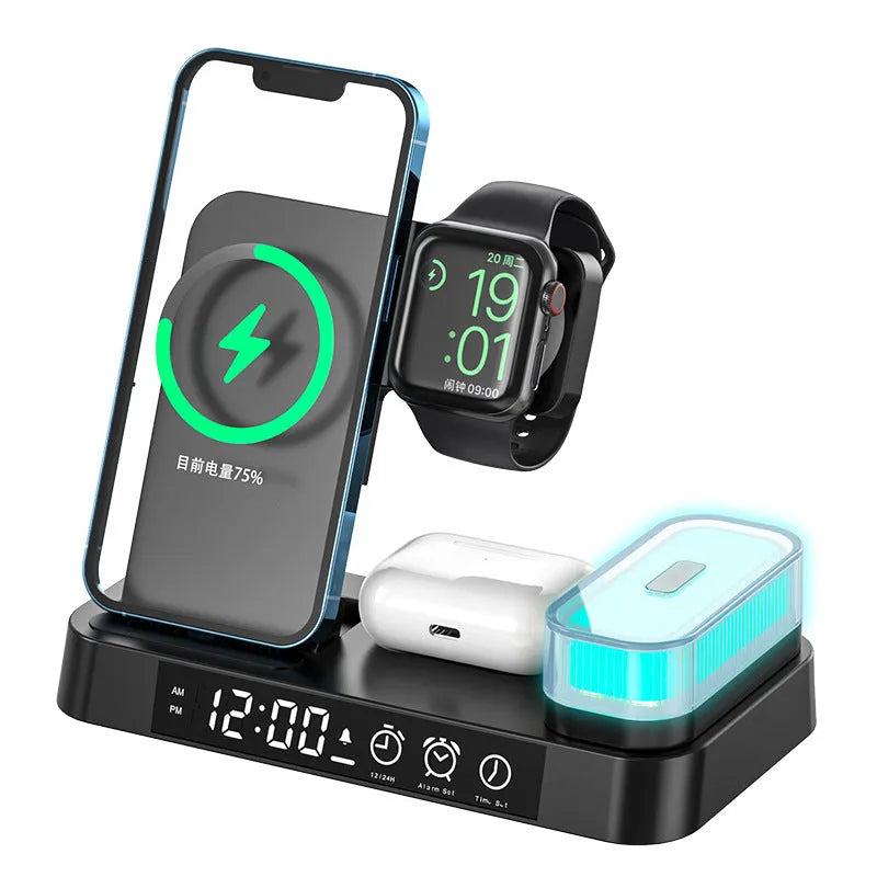 White 4-in-1 multifunction wireless charger station with foldable stand, alarm clock display, and RGB night light.