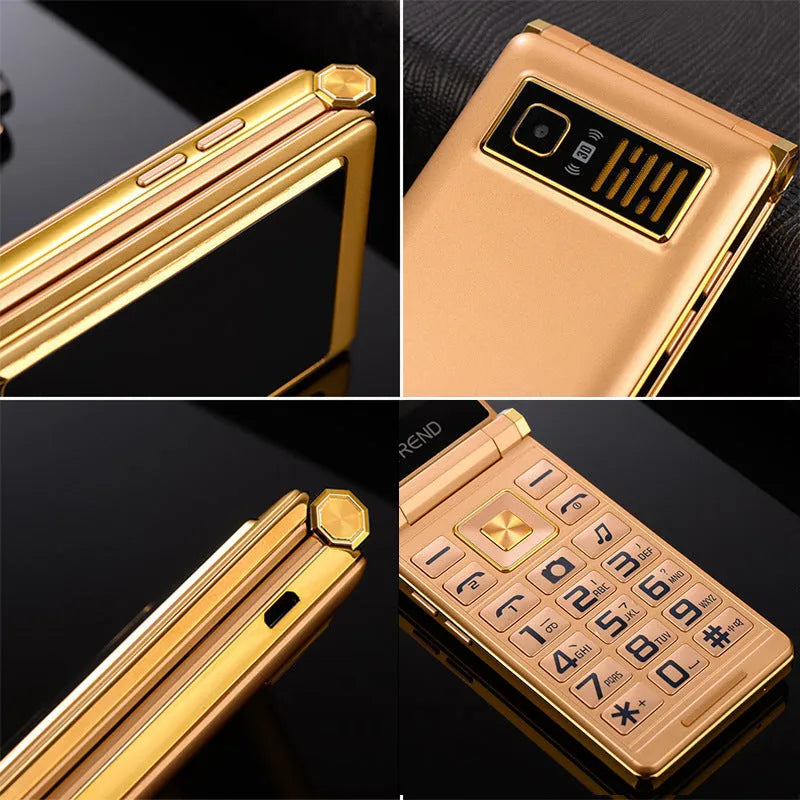 A15 black flip phone open showing large touch screen and external small display.