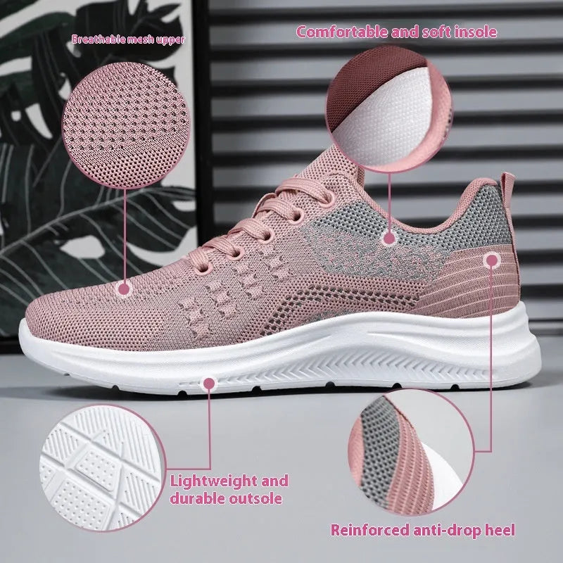 Women's black mesh sneakers with round toe and lace-up front on soft PVC sole