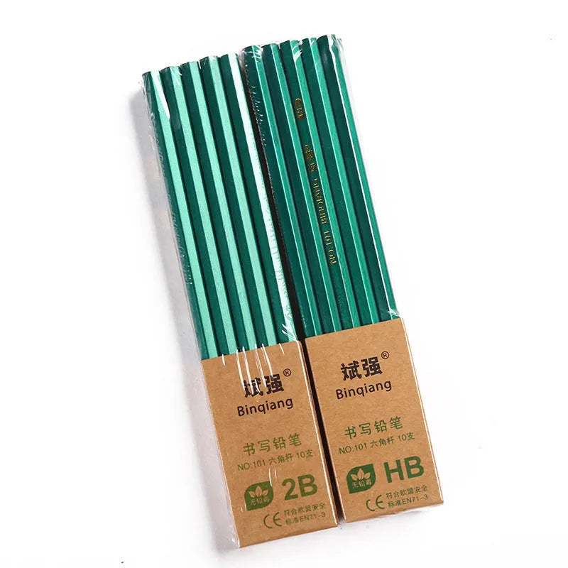 Green rod pencil set showing six-angle wooden barrels with 2B and HB graphite grades