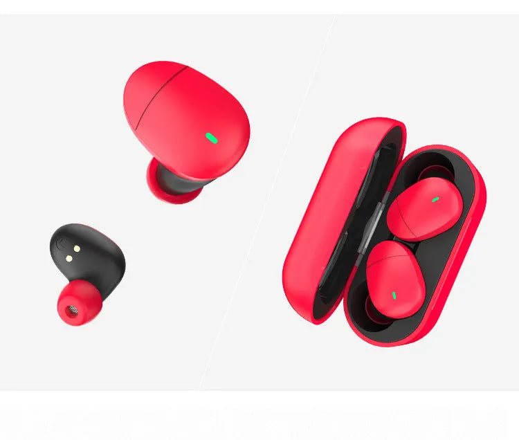 Flame red Qualcomm TWS 3040 Bluetooth headset with earplug design showing USB charging cable