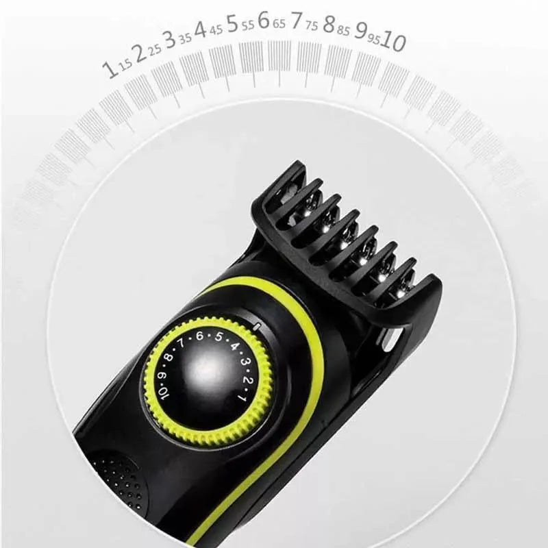 Black KM-696 rechargeable electric hair clipper set with stainless steel blades and USB charging cable