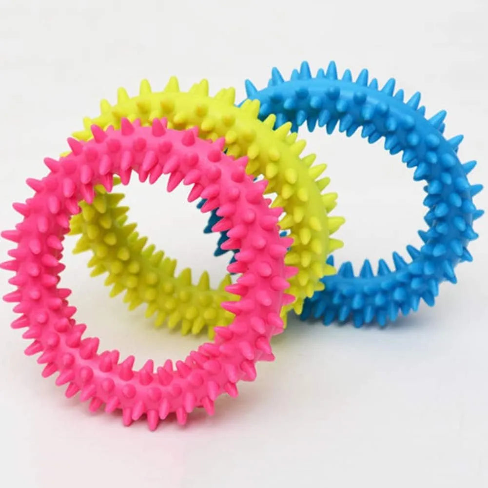 TPR spiky circle dog chew toy 9.5cm diameter in six colour options