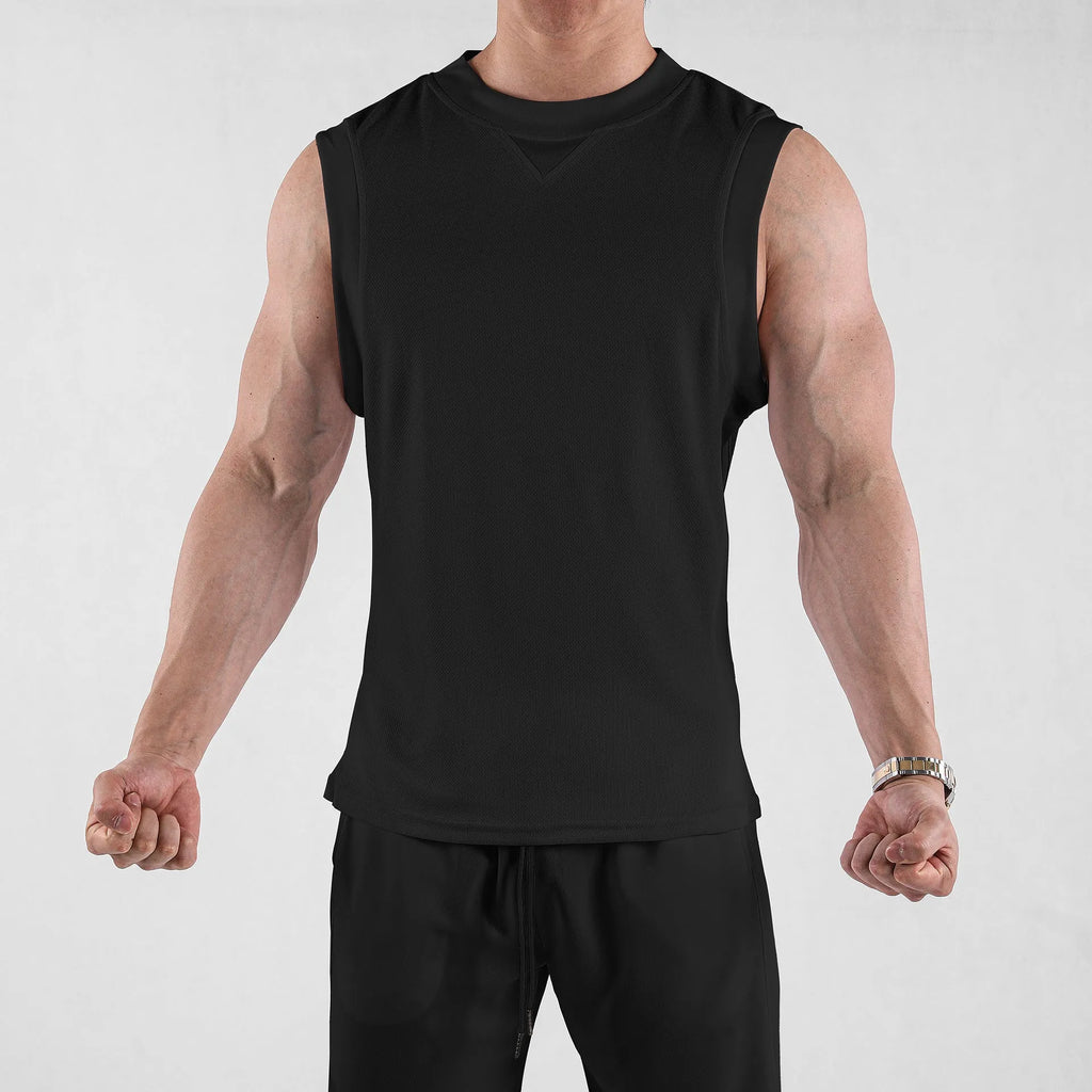 Men's white and black polyester sports vest for fitness with loose fit and quick-dry fabric