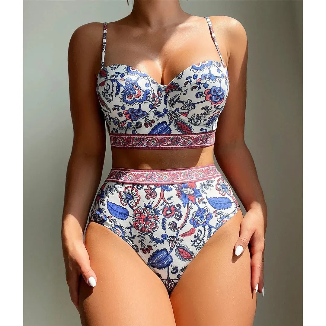 Blue women's high waist push-up bikini swimsuit on mannequin