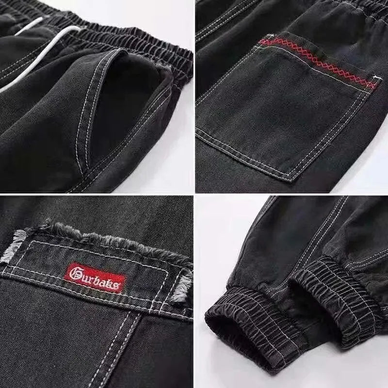 Plus size men's wide leg harem casual pants in black cotton denim with tie closure