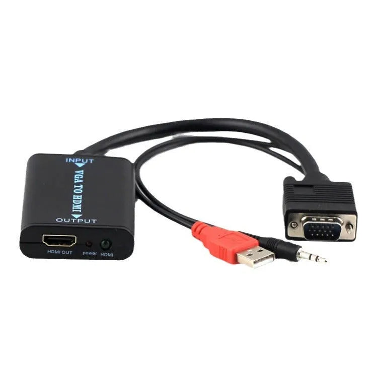 Black VGA to HDMI female converter with USB power input and 3.5mm audio jack