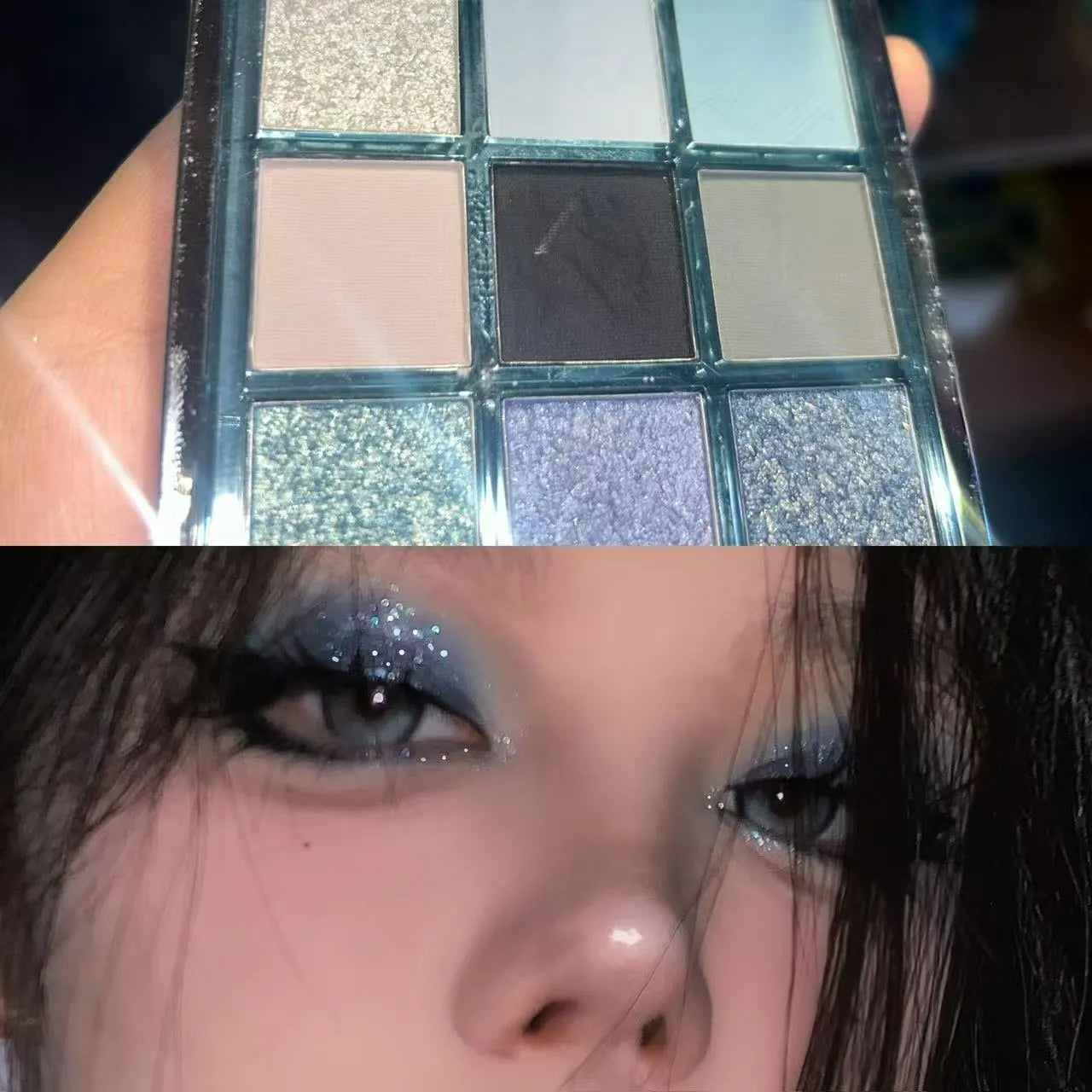 Mugeleen nine-colour eyeshadow palette showing blue smoked shade with matte shimmer diamond finishes