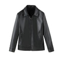Men's black PU leather casual jacket with zip and patch pockets on a model.
