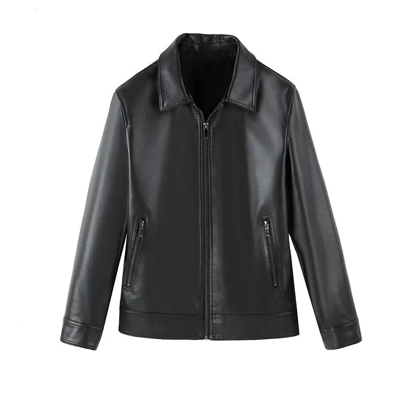 Men's black PU leather casual jacket with zip and patch pockets on a model.