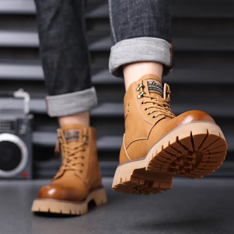 Men's brown high-top leather Martin boots with a velvet upper and a side zipper