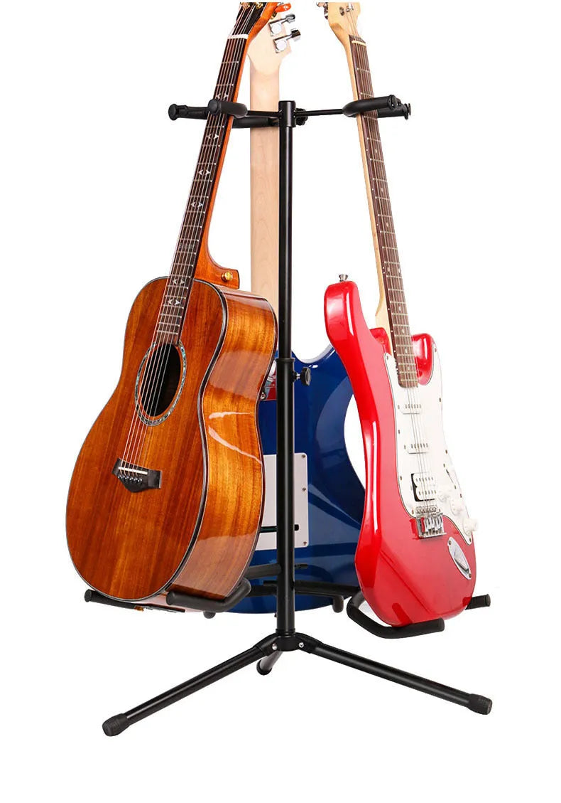 Black vertical double-headed adjustable guitar stand for electric and acoustic guitars
