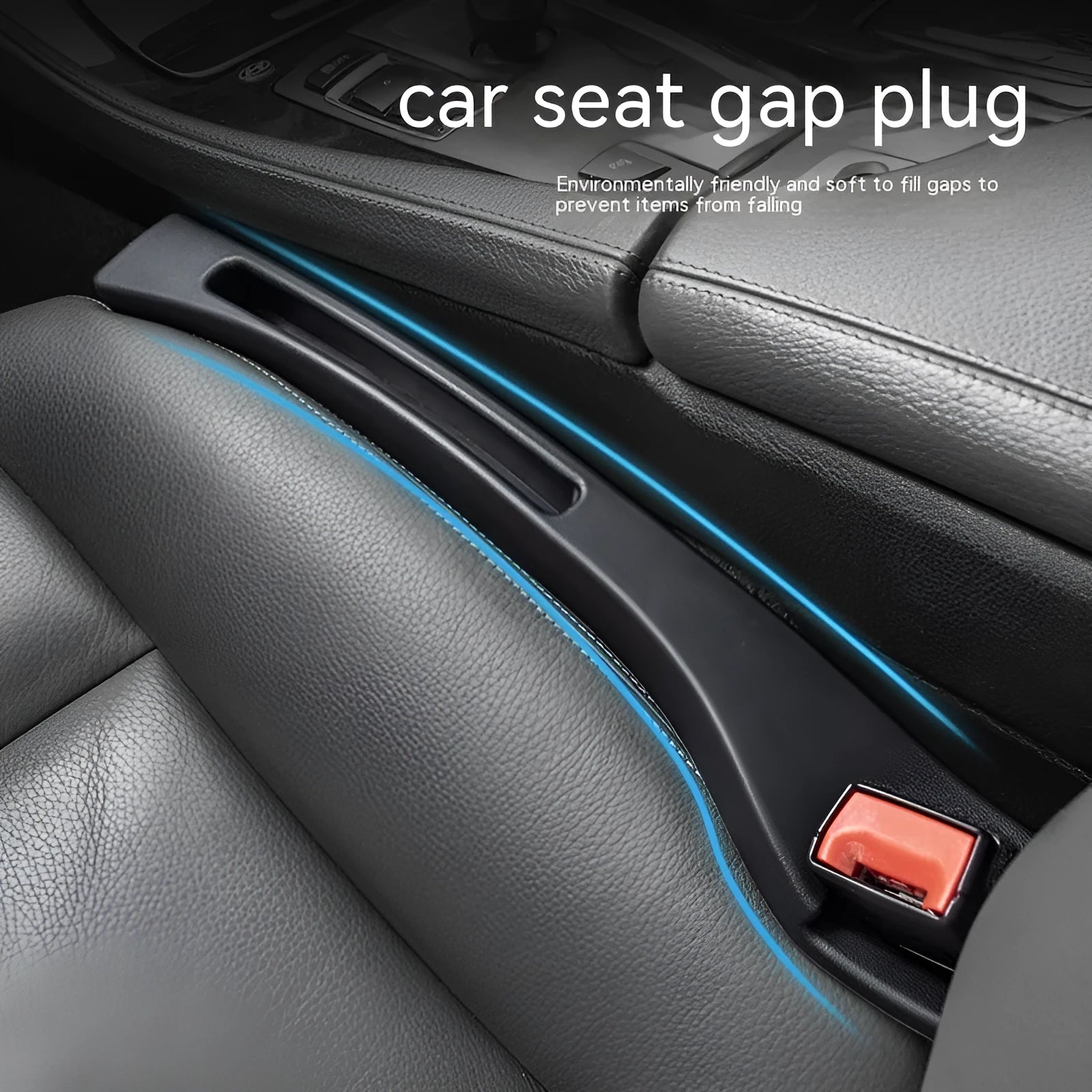 Black plastic car seat gap storage box with handle positioned between vehicle seats