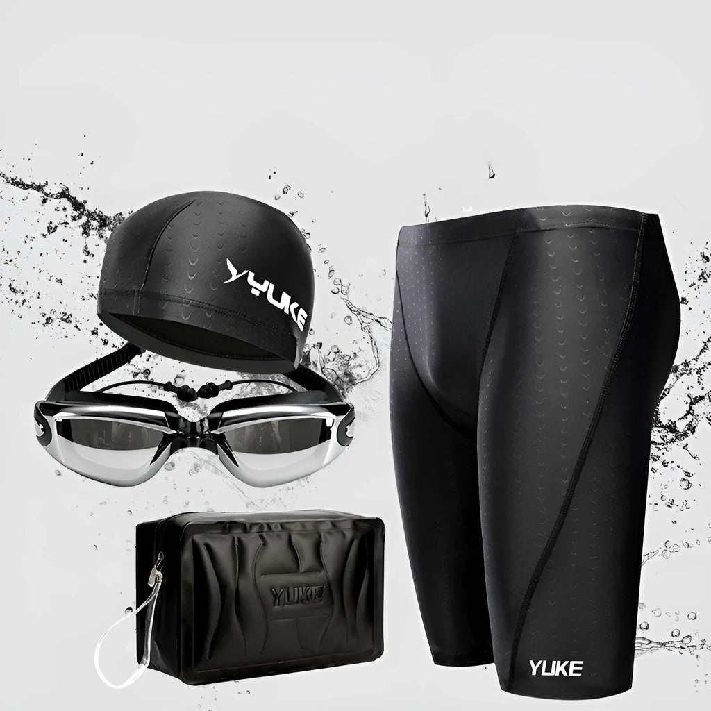 Men's black five-piece swimming set with trunks, anti-fog goggles, waterproof cap, ear plug nose clip, and storage bag