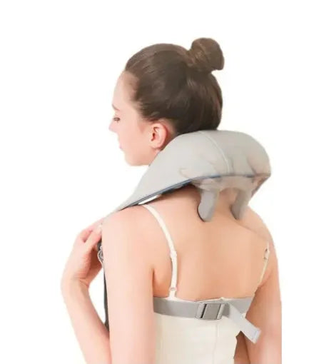 Milky white rechargeable shoulder and neck massager with infrared physiotherapy for cervical spine relief