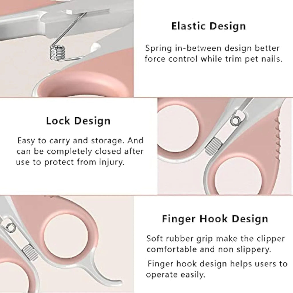 Grey and pink angled cat nail clippers with safety guard for small pets