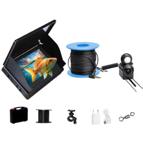 Underwater fish finder camera with 4.3-inch screen showing HD view of fish and temperature reading