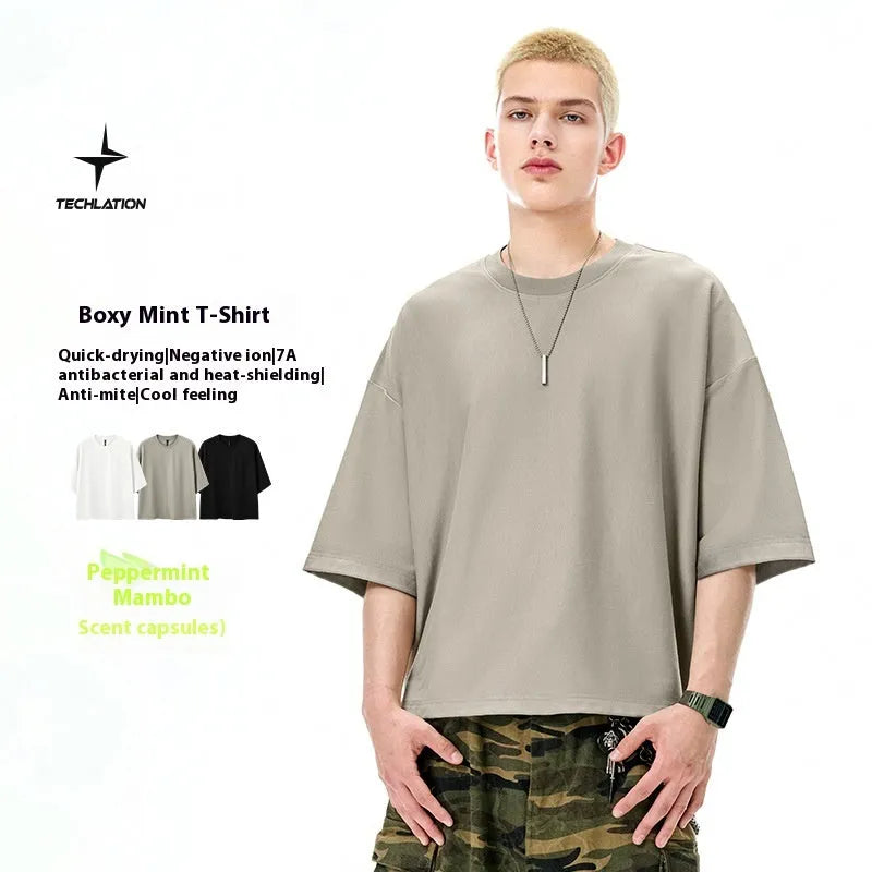 Men's sand grey loose fit short sleeve t-shirt made from cotton and polyester blend fabric