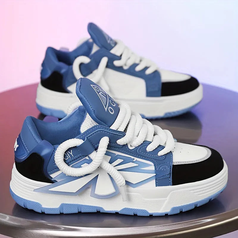 Men's white chunky sole casual sneakers with synthetic leather upper and round toe on a plain background.