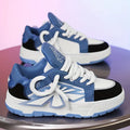 Men's white chunky sole casual sneakers with synthetic leather upper and round toe on a plain background.