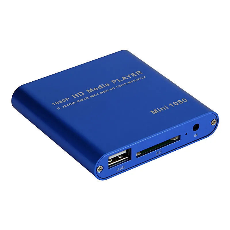 Compact blue 1080p Full HD media player with remote control on a black background.