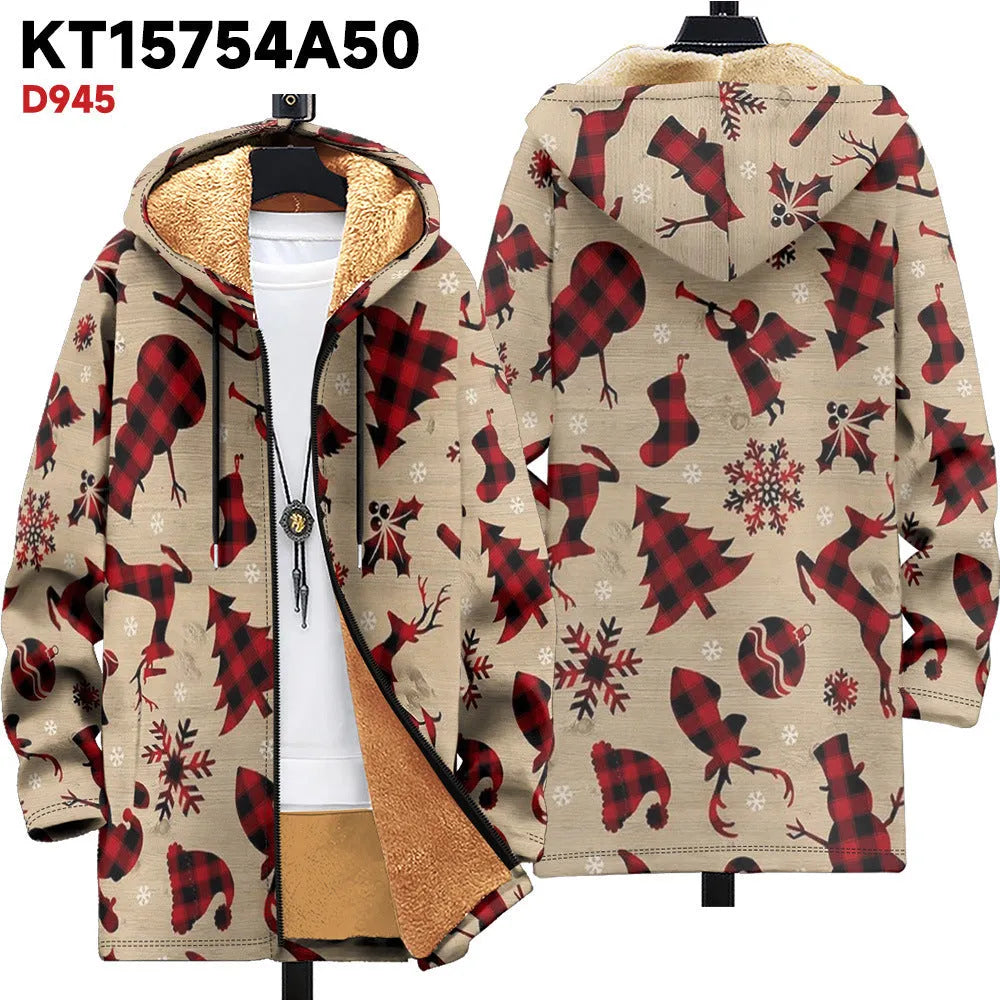 Man wearing a loose-fit zip-up hooded cardigan with a multicolour digital print pattern.