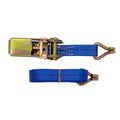 Ratchet tensioner cargo binding strap with double steel hooks on a polyester belt.