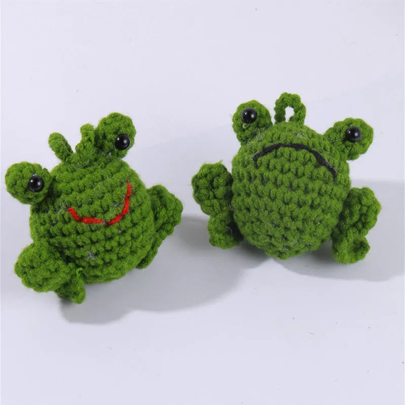 Green handmade woven plush frog car pendant hanging, showing 15cm length and cartoon style.
