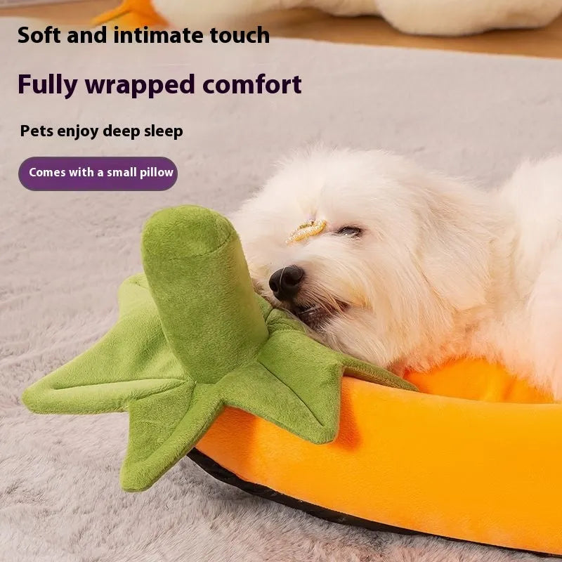 Universal pet bed with removable cloth cover showing five size options for dogs and cats