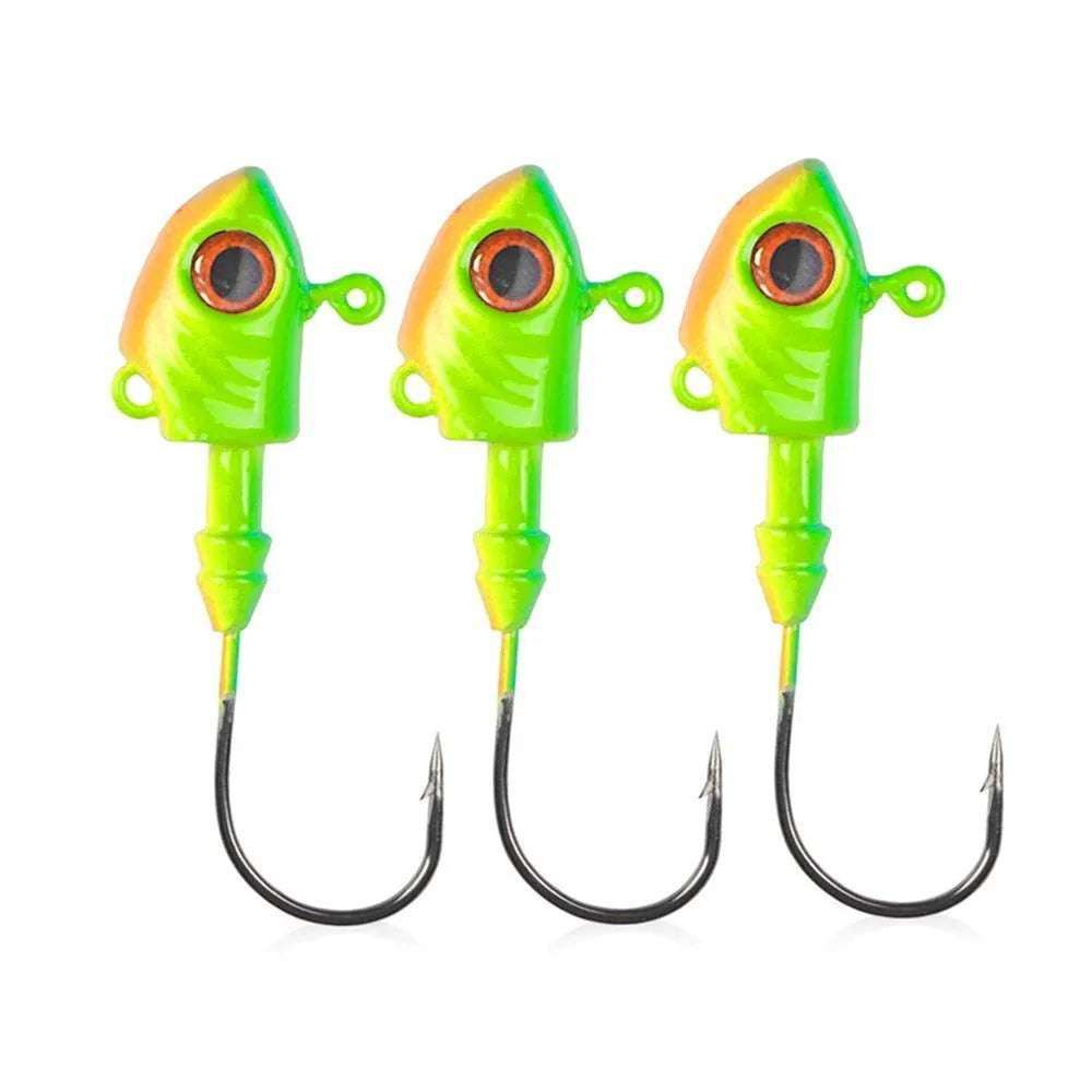 Yayu-shaped lead head fishing hooks in blue, sliver, and yellow, showing various weights from 3.5g to 28g.