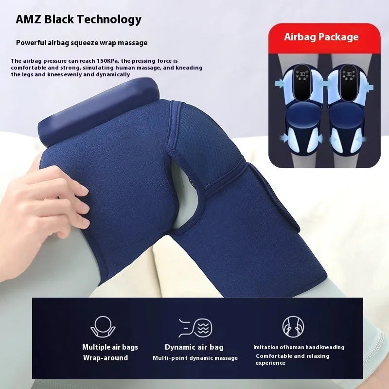 Airbag Blue self-heating knee massager showing wrap-around design for hot compress and massage therapy