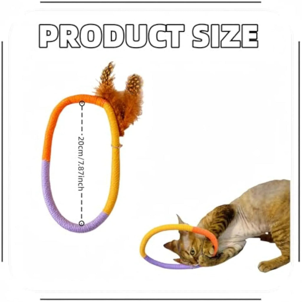Circular green cotton rope cat toy with feathers for chewing and interactive play