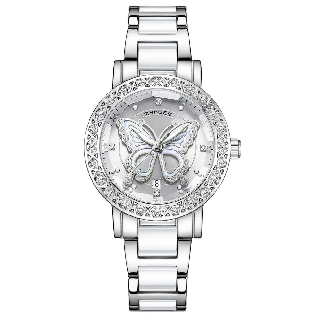 Butterfly diamond-encrusted women's watch with calendar and steel strap, 10mm thickness, available in white pink and purple face colours