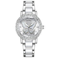 Butterfly diamond-encrusted women's watch with calendar and steel strap, 10mm thickness, available in white pink and purple face colours
